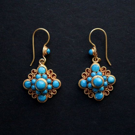 Vintage-Style Turquoise Stone Mandala Drop Earrings in Gold Tone