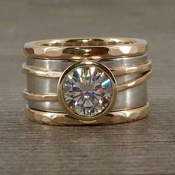 Two-Tone Wide Band Ring with Round Glass Centre