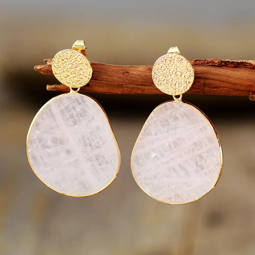 Vintage-Style White Stone Slab Drop Earrings with Gold-Tone Stud