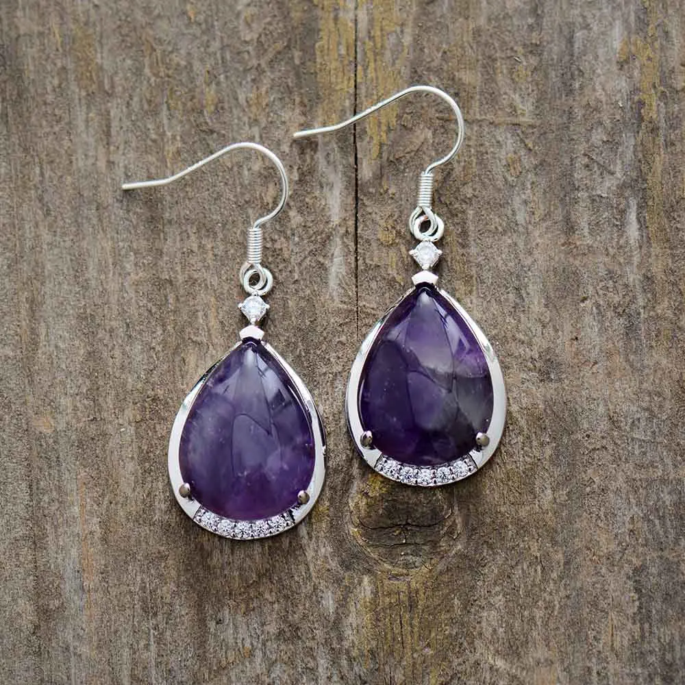 Pendientes de gancho de lágrima de cristal morado de estilo vintage