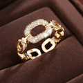 Gold-Tone Oval Link Chain Ring with Crystal Pavé