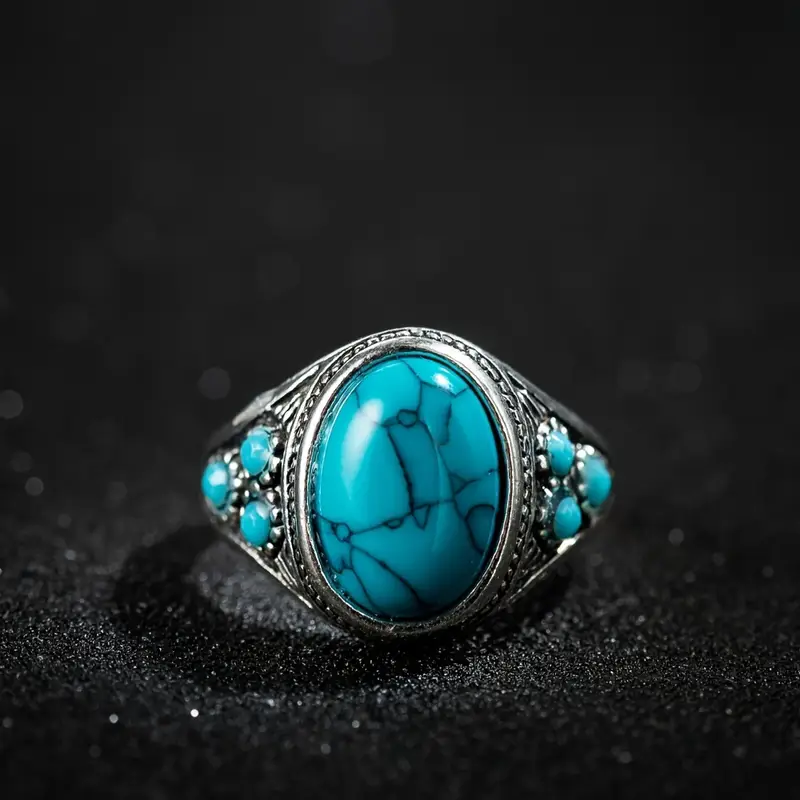 Blue Polished Stone Silver-Tone Ring