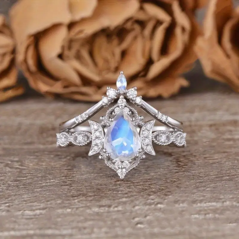 Blue Moonstone-Look Drop Crown Ring