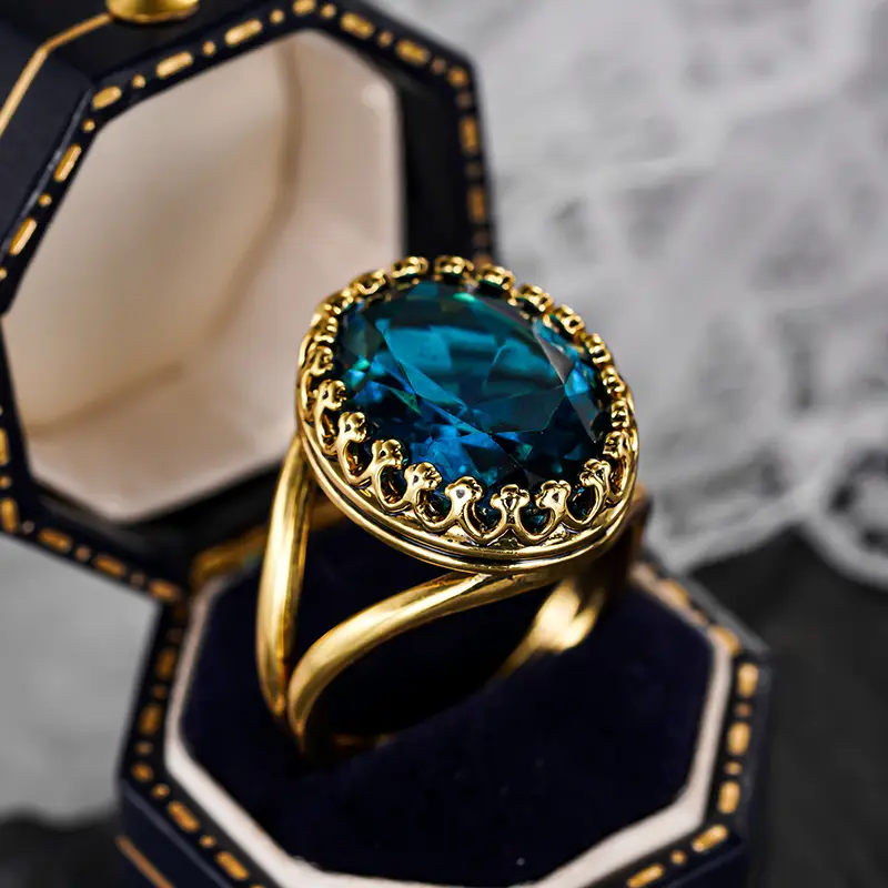 Blue Round Crystalline Gold-Tone Ring