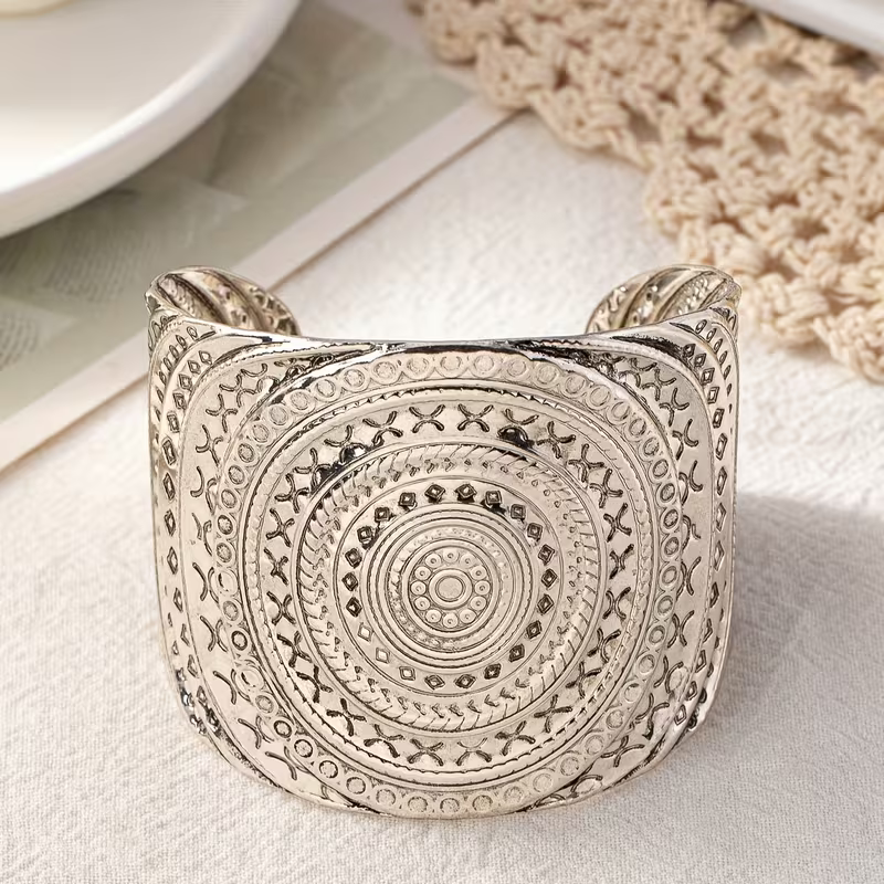 Silver-Tone Boho Mandala Cuff Bracelet