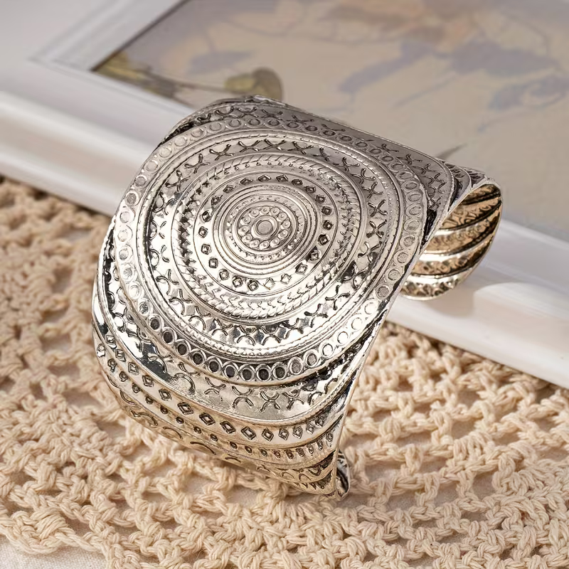 Silver-Tone Boho Mandala Cuff Bracelet