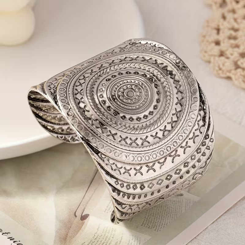 Silver-Tone Boho Mandala Cuff Bracelet