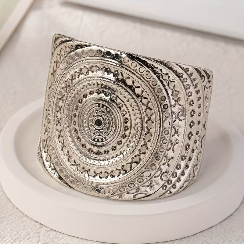 Silver-Tone Boho Mandala Cuff Bracelet