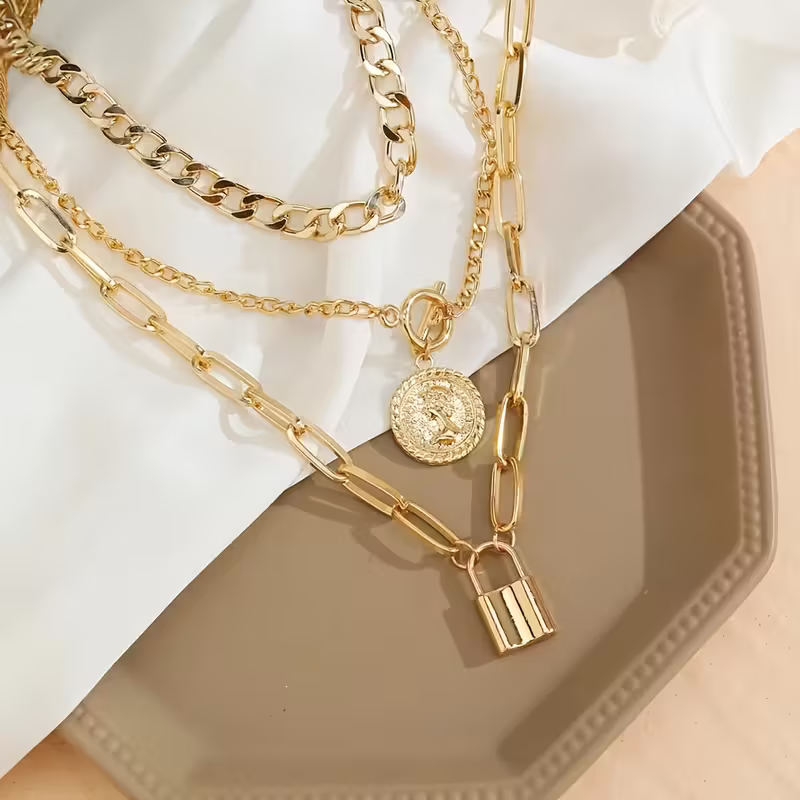 Gold-Tone Layered Padlock Chain Necklace