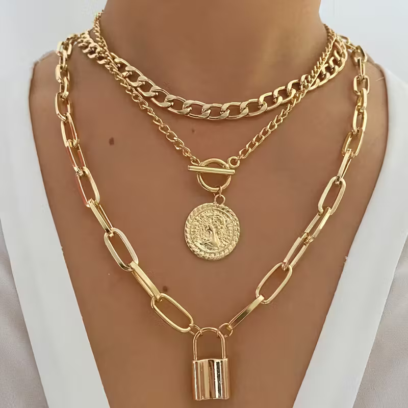 Gold-Tone Layered Padlock Chain Necklace