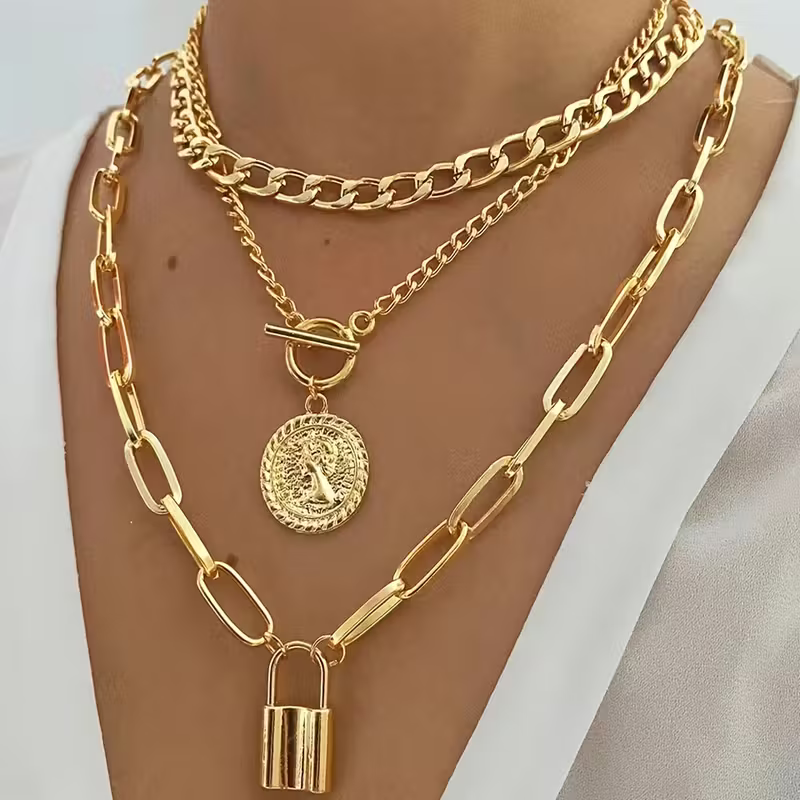 Gold-Tone Layered Padlock Chain Necklace