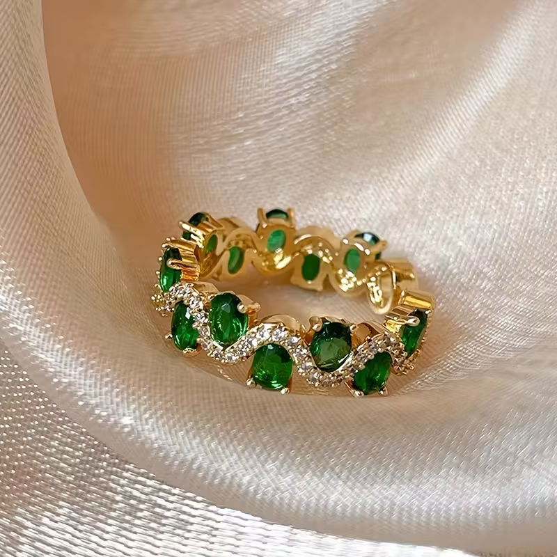 Delicate Gold-Tone Crown Ring with Green Crystals