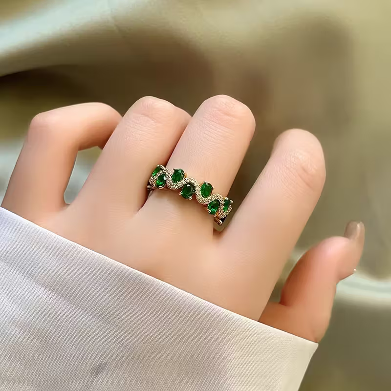 Delicate Gold-Tone Crown Ring with Green Crystals