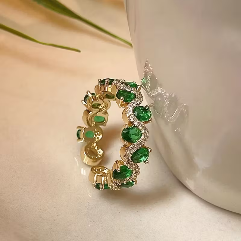 Delicate Gold-Tone Crown Ring with Green Crystals