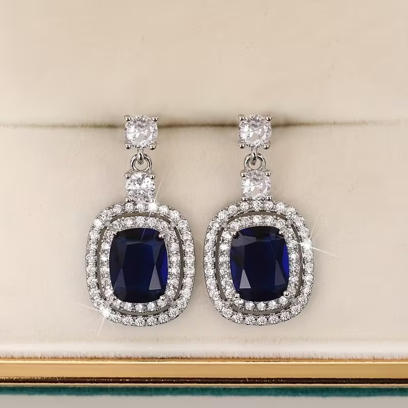 Sapphire-Look Cushion Halo Drop Earrings