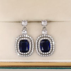 Sapphire-Look Cushion Halo Drop Earrings