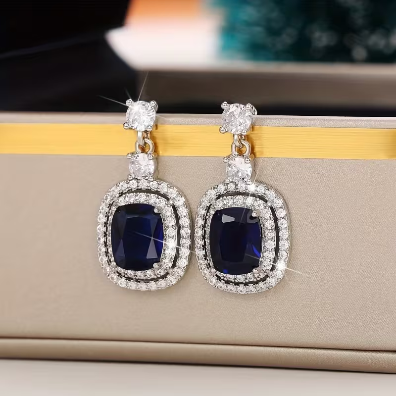 Sapphire-Look Cushion Halo Drop Earrings