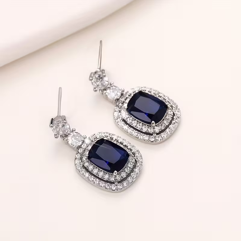 Sapphire-Look Cushion Halo Drop Earrings