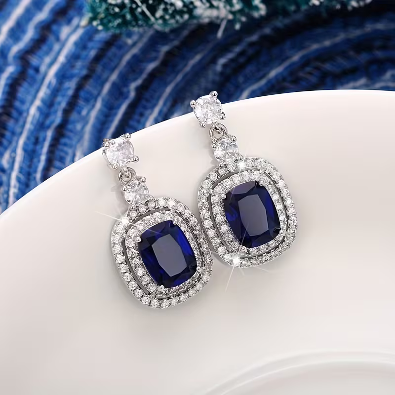 Sapphire-Look Cushion Halo Drop Earrings