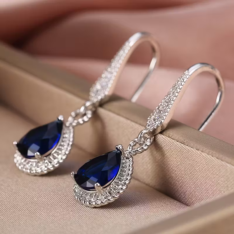Sapphire-Look Pear Stone Leverback Drop Earrings