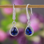 Sapphire-Look Pear Stone Leverback Drop Earrings
