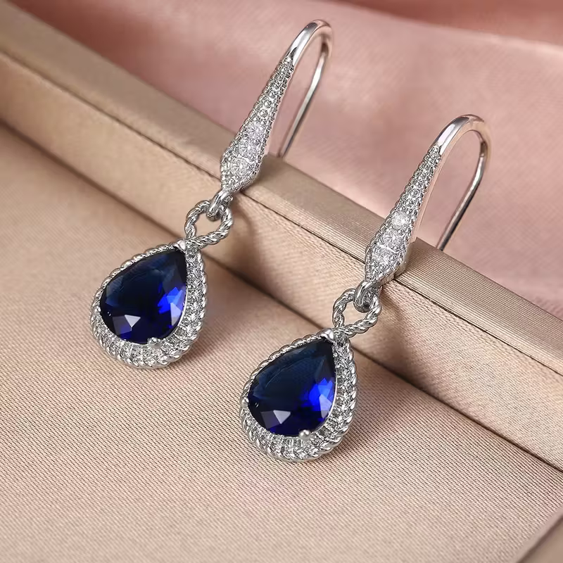 Sapphire-Look Pear Stone Leverback Drop Earrings