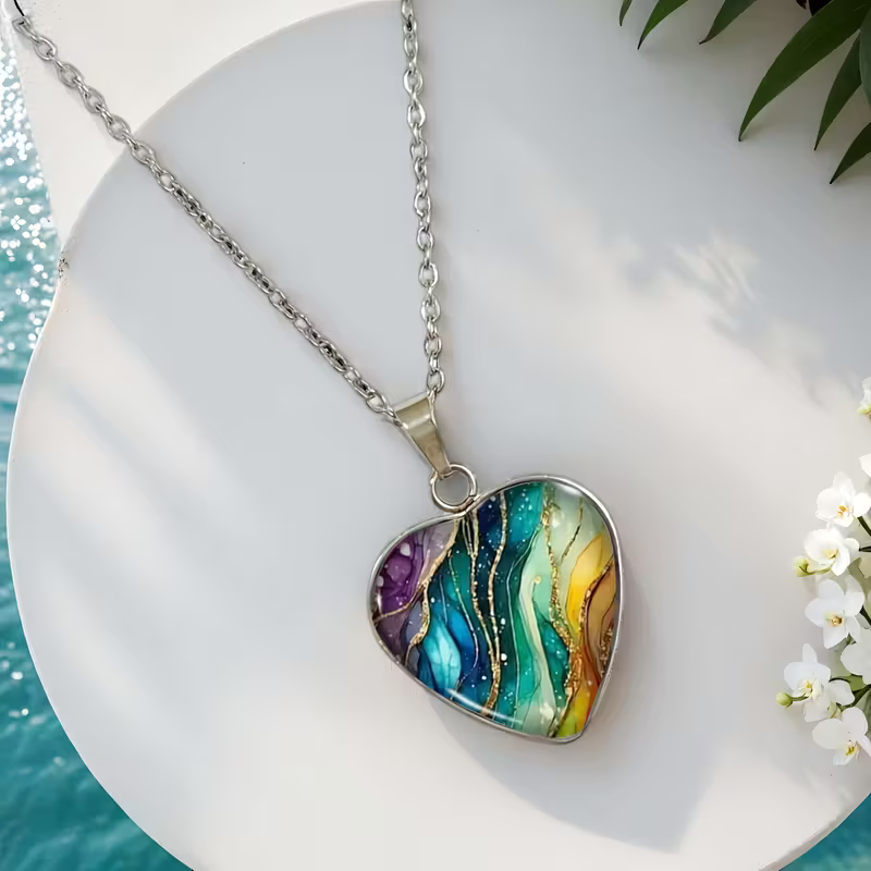 Abstract Ocean Glass Heart Necklace