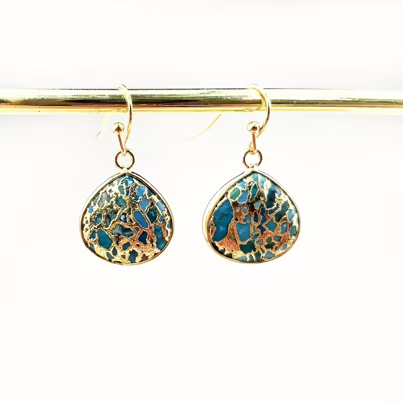 Turquoise Mosaic Teardrop Earrings in Gold Tone