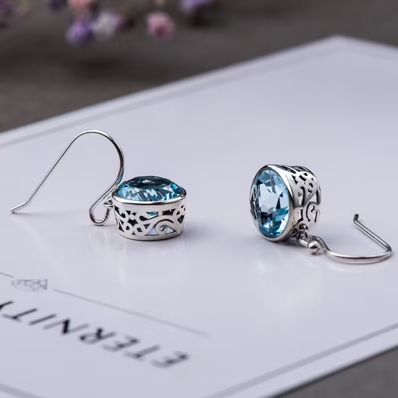 Round Light Blue Crystal Drop Earrings