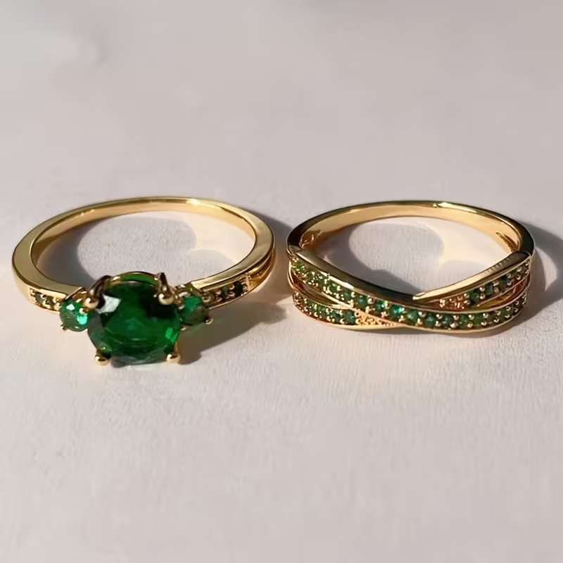 Emerald-Look Duo Ring Set