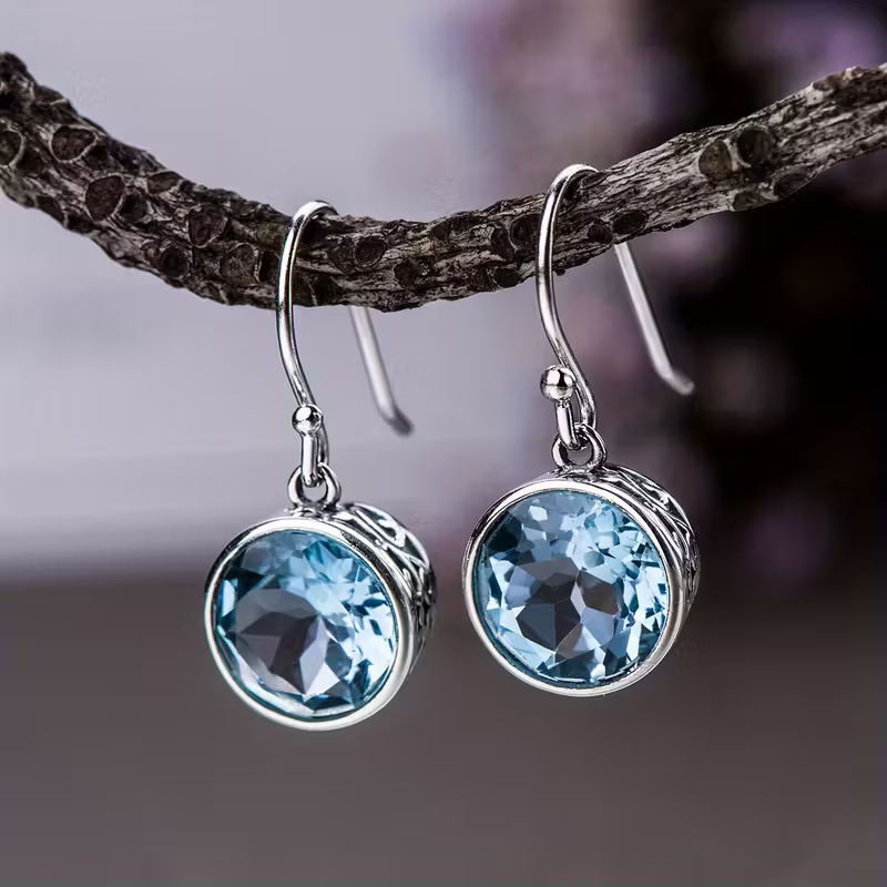 Round Light Blue Crystal Drop Earrings