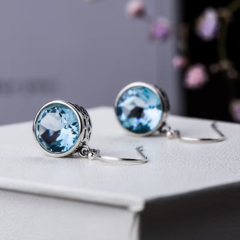 Round Light Blue Crystal Drop Earrings