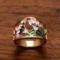 Wide Gold-Tone Ring with Enamel Tulip and Flower Design