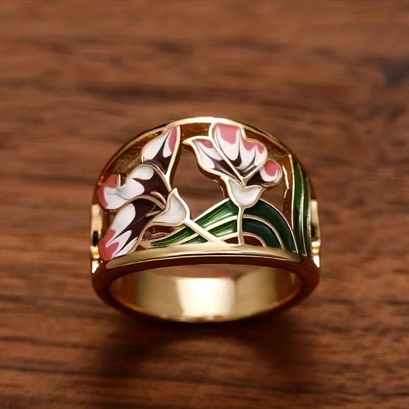 Wide Gold-Tone Ring with Enamel Tulip and Flower Design