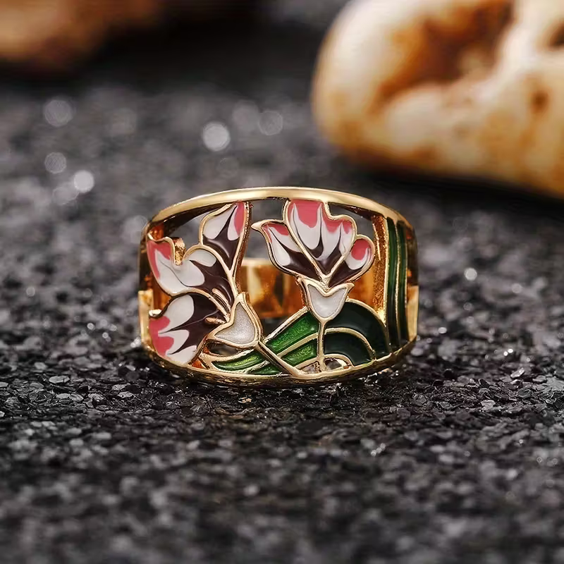 Wide Gold-Tone Ring with Enamel Tulip and Flower Design