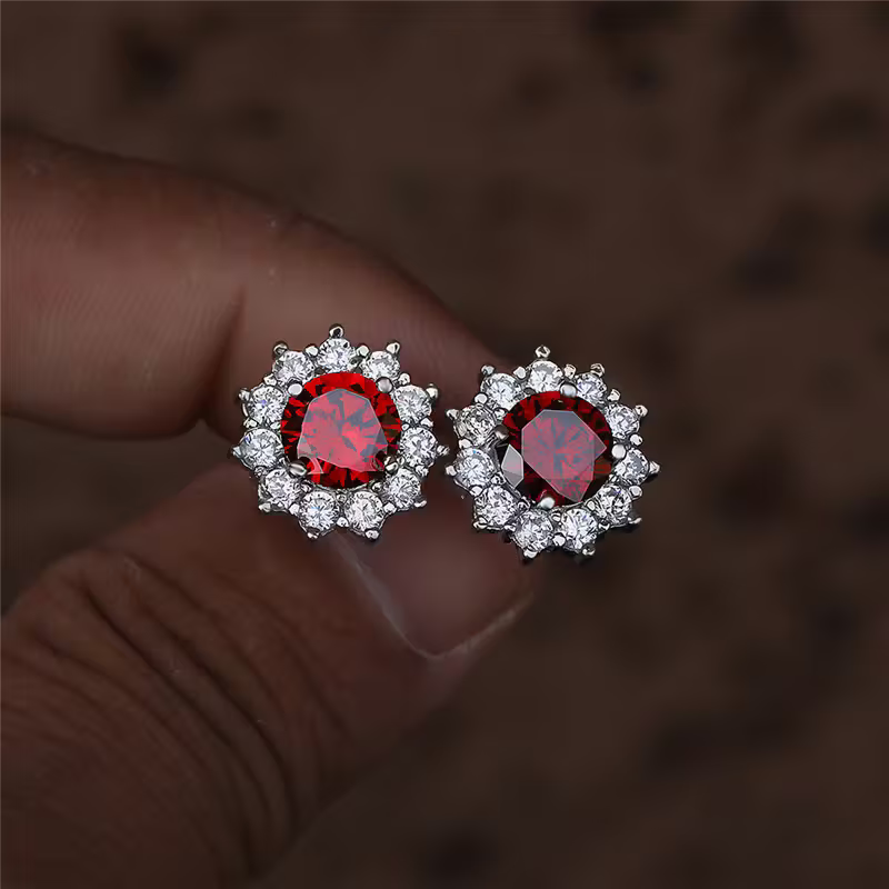 Red Stone Starburst Halo Stud Earrings