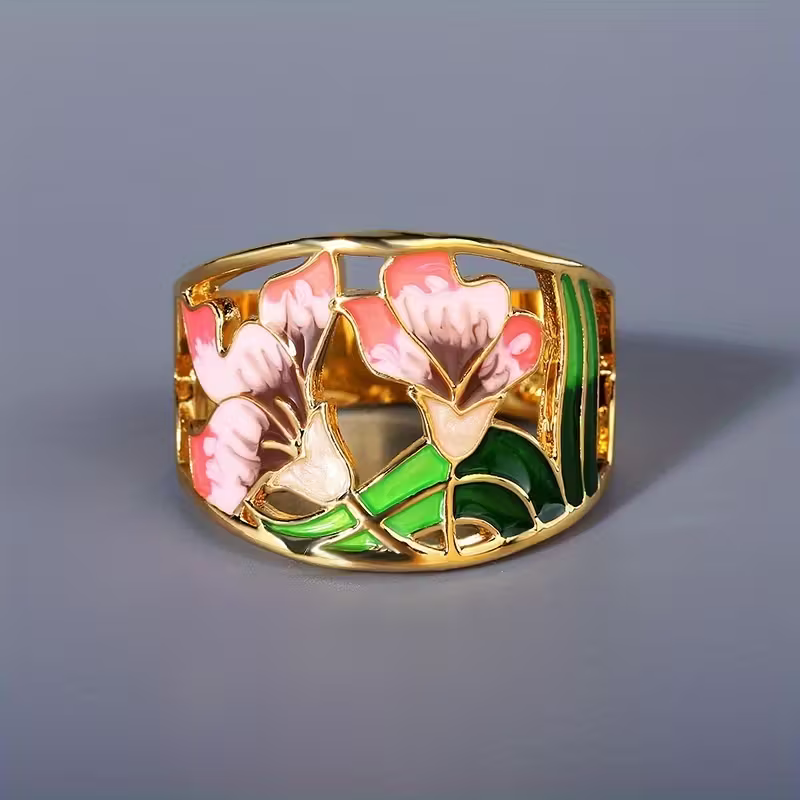 Wide Gold-Tone Ring with Enamel Tulip and Flower Design