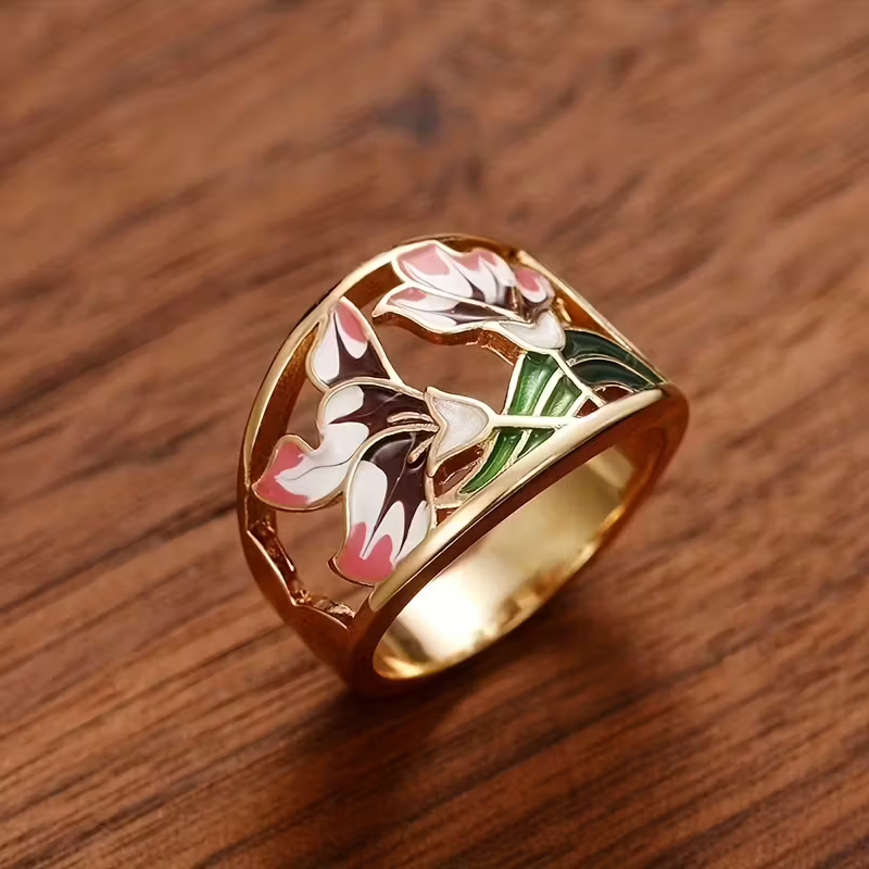 Wide Gold-Tone Ring with Enamel Tulip and Flower Design