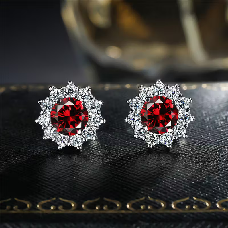 Red Stone Starburst Halo Stud Earrings