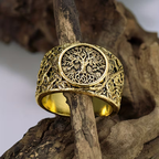 Tree of Life Wide Band Ring in Antique Gold Tone