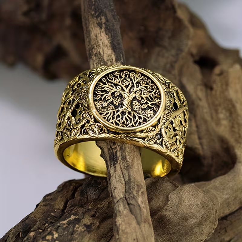 Tree of Life Wide Band Ring in Antique Gold Tone