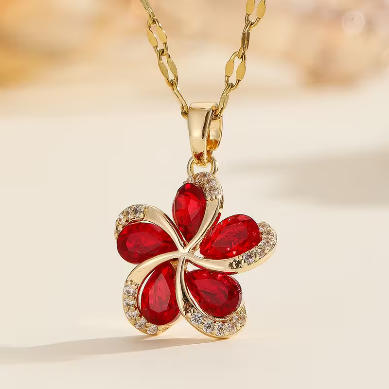 Ruby-Look Blossom Pendant Necklace