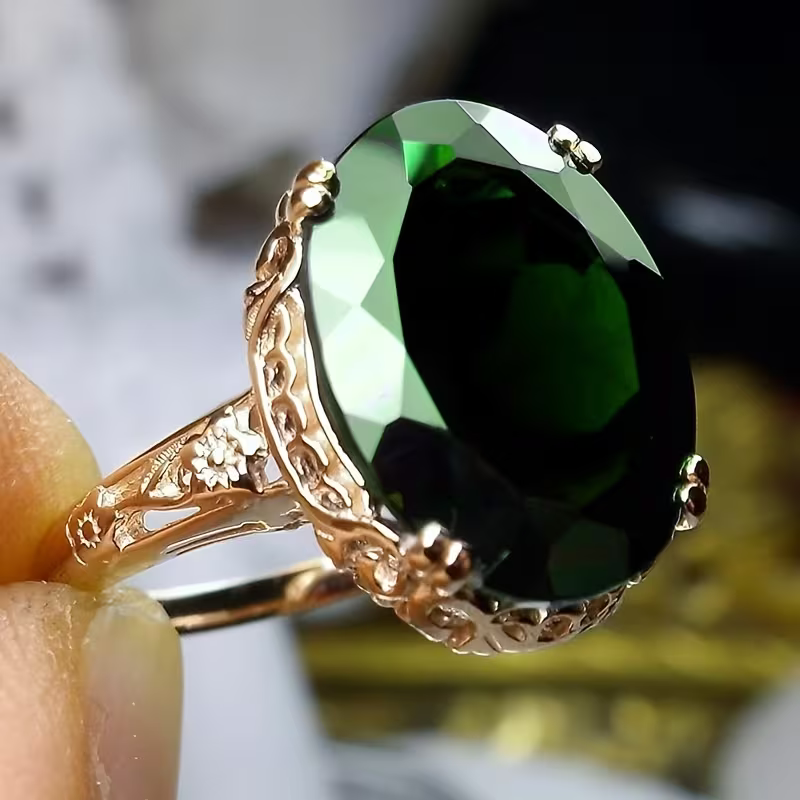 Oval Emerald-Look Ring with Gold-Tone Pavé Setting