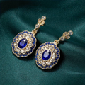 Blue Crystal Mandala Earrings in Vintage Gold Tone