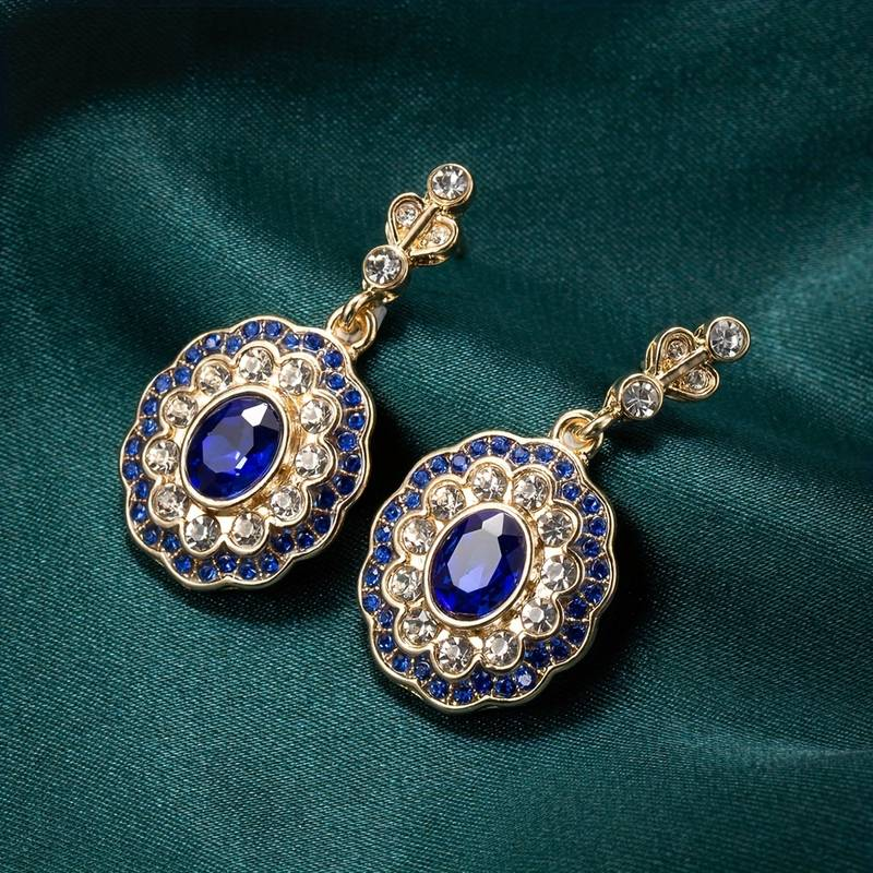 Blue Crystal Mandala Earrings in Vintage Gold Tone