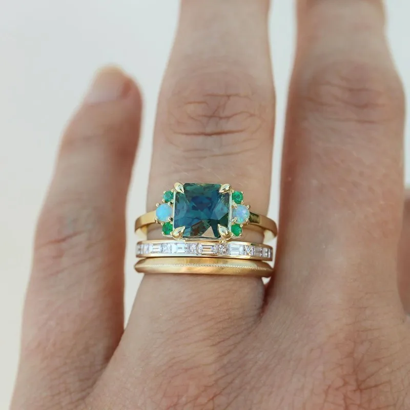 Thin Stacking Ring Set with Square Blue Glass and Gold-Tone Bands