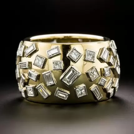Wide Gold-Tone Band with Scattered Glass Baguettes