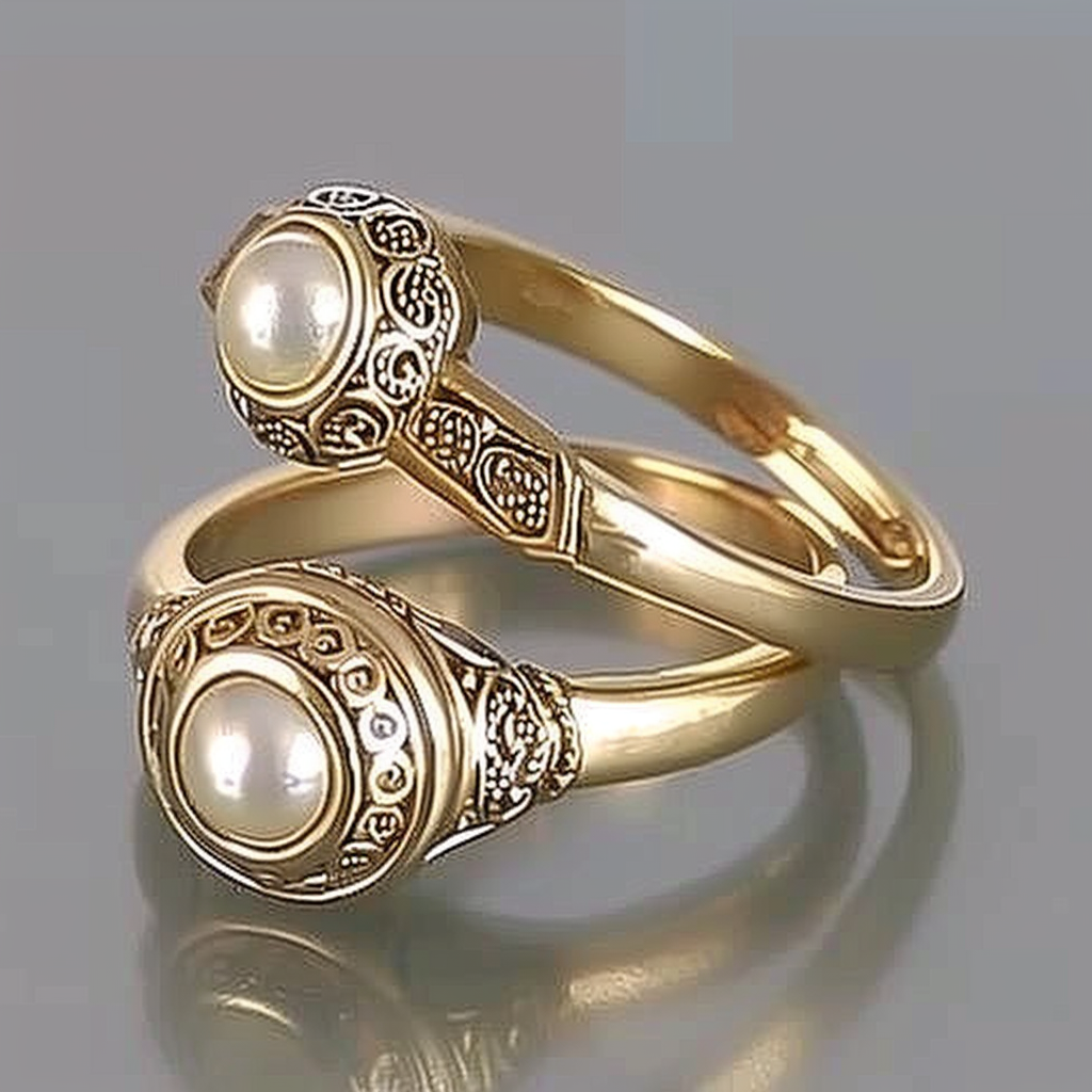 Conjunto de Anéis Dourados com Pérola Incrustada Estilo Vintage