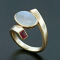Vintage-Style White Opal-Look and Red Zirconia Gold-Tone Ring