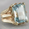 Emerald-Cut Blue Glass Ring with Engraved Gold-Tone Band